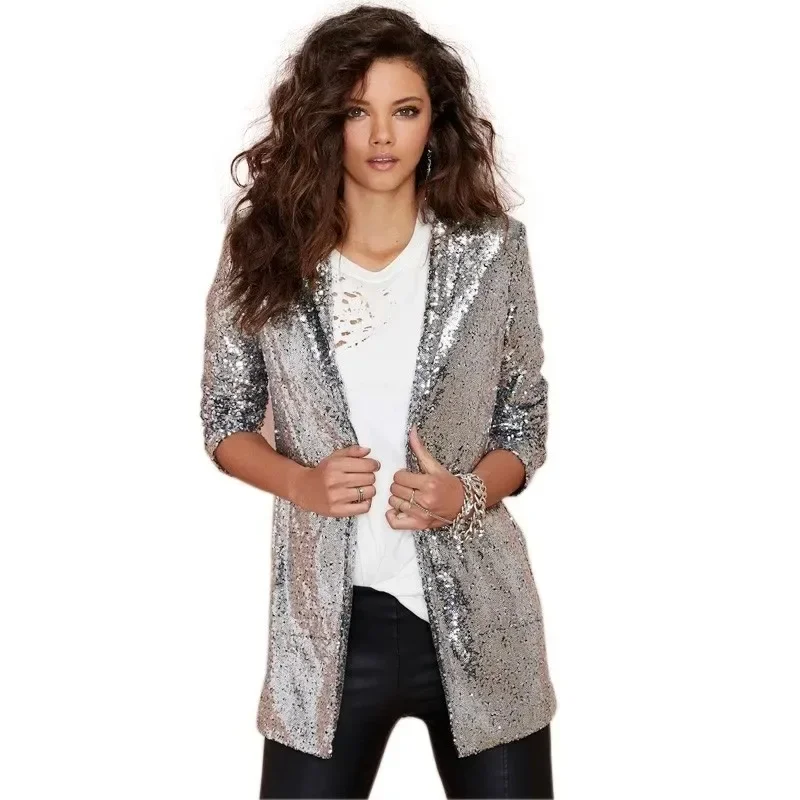 

New Fashion Sequins Blazers Women's Suit Jacket Casual Long Sleeved Glitter Suits Party Wear Shiny Lapel Coat Women's Outerwear