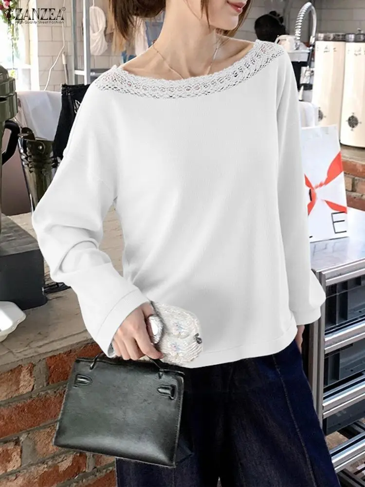 

ZANZEA Women Knitted Sweaters 2025 Autumn Lace Patchwork Knitwear O-Neck Casual Long Sleeve Loose Elegant Pullovers OL Jumpers