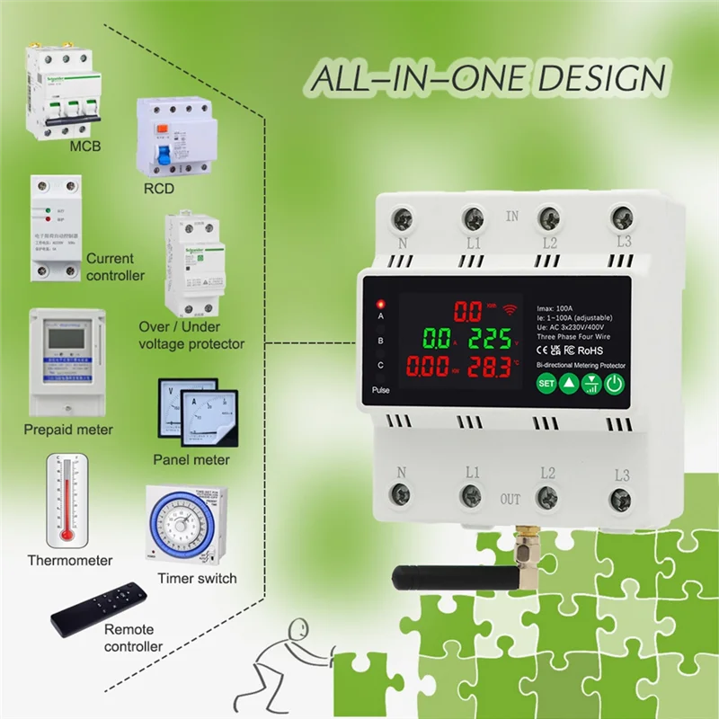 Elegante-3 fasi 4 fili 380V 100A Tuya Wifi Smart bidirezionale Energy Power Kwh Meter Rilascio automatico Protezione da sottotensione