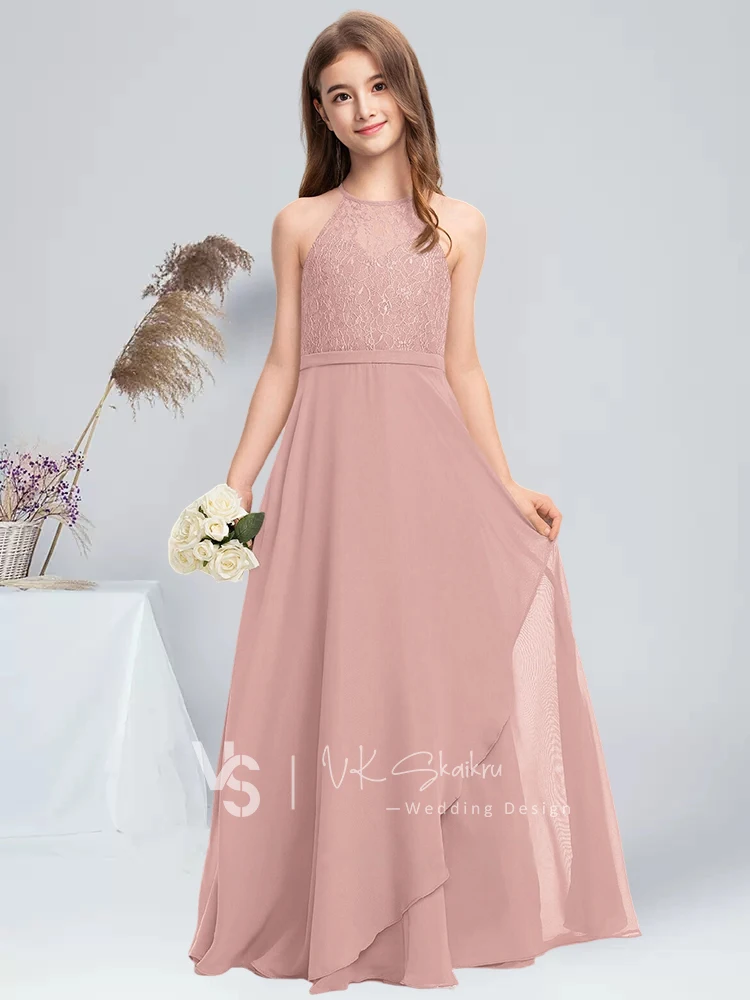 IOL Child A-line Halter Floor-Length Chiffon Lace Junior Bridesmaid Dress With Cascading Ruffles Grey Flower Girl Dress Kids