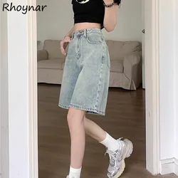 Denim Shorts Women Y2k Vintage Midi Baggy High Street Trendy Cool College Korean Style Fashion Casual Daily Summer Students Cozy