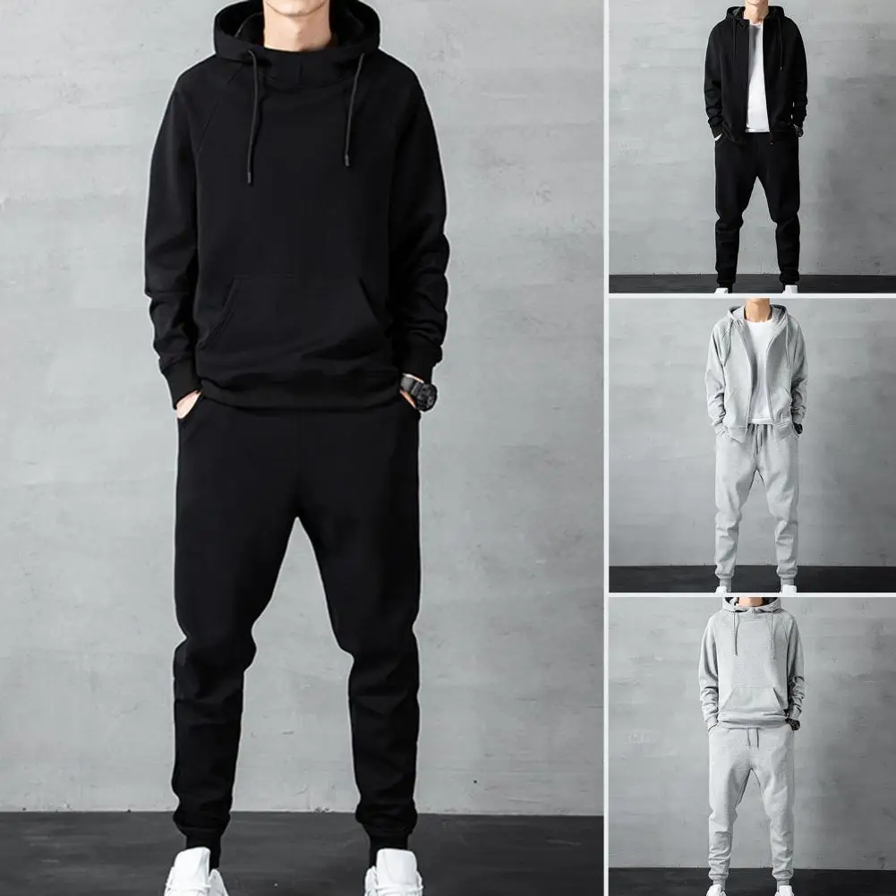 1 Set Trendy Men Sweatshirt Sweatpants Tracksuit Men Jacket Pants Hooded Drawstring Hood Sportswear Set  Dressing