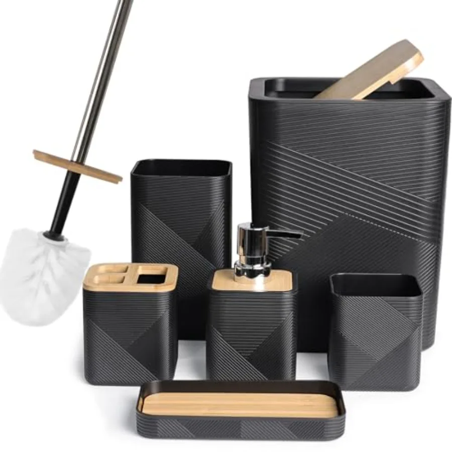 

Набор аксессуаров для ванной комнаты из 6 предметов: бамбуковый комплект для ванной, включающий дозатор для мыла, подставку для зубных щеток, стакан для зубных щеток, мыльницу для дезинфекции.
