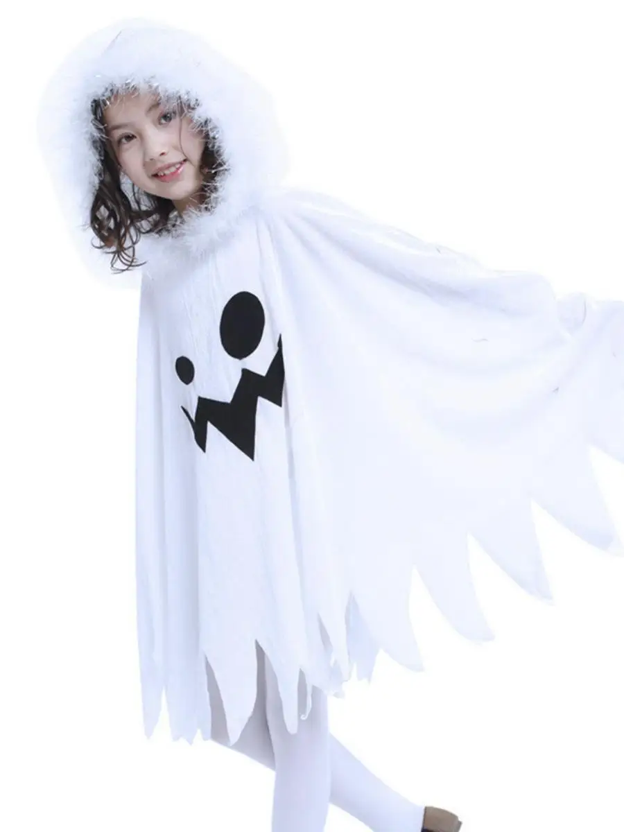 زي شبح للأطفال لعيد الهالوين، فستان أبيض بغطاء للرأس، ملابس تنكرية من البوليستر، مجموعة ربيع 2024