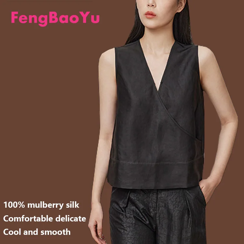 100% Silk Satin Summer Women's Vest Scented Gauze V-neck Pullover Mulberry Silk Black Top Comfortable Cool Outdoor Casual Wear