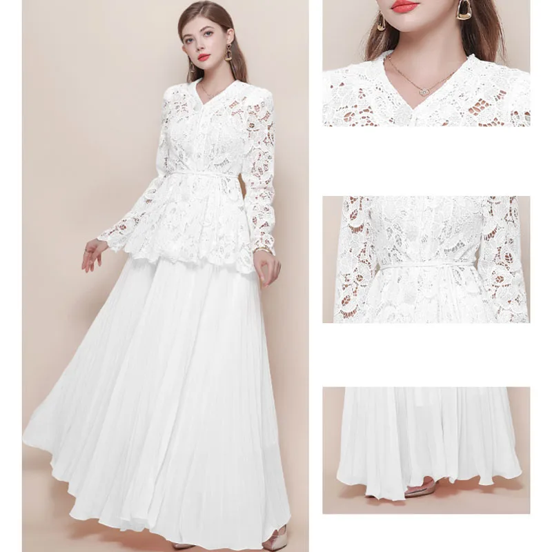 بدلة تنورة للنساء موضة نحيفة من الدانتيل بأكمام طويلة ورقبة على شكل حرف v مفرغة برباط على شكل حرف a بدلة تنورة نسائية طقم مكون من قطعتين Q1934 #6