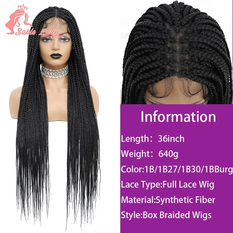 Sintético Full Lace Front trançado perucas para mulheres negras, tranças de caixa Knotless, peruca deusa, pequena caixa quadrada trançada peruca, 36"