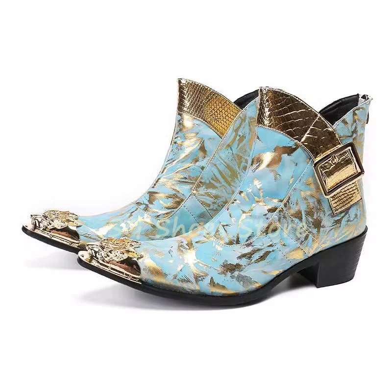Fashion Belt Buckle Decor Ankle Chelsea Boots for Men Mixed Color Metal Pointed Toe Splicing Leather Shoes Male Pub Party Boots