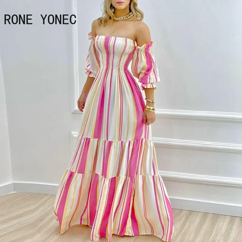 Women Chic Off  Shoulder Stripped Lattern Sleeves Folds  Maxi Sexy Dress