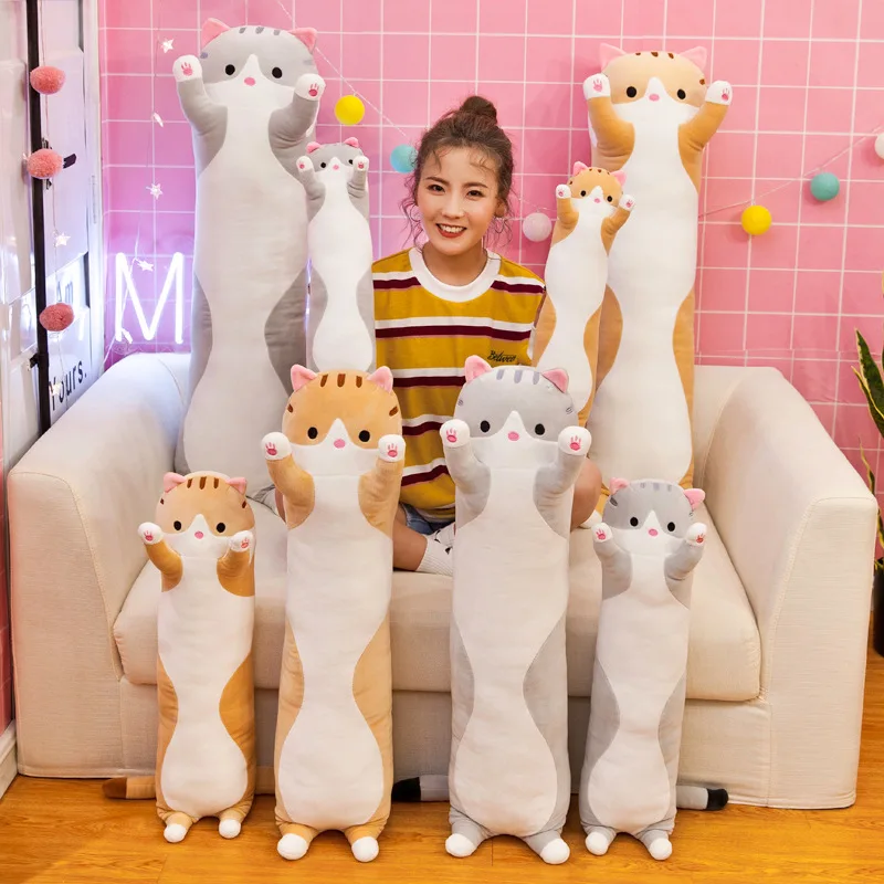 Funny Long Strip Cat Plush Pillow Cartoon Cat Stuffed Throw Pillow Cute Sofa Bedroom Back Cushion Home Decoration Kawaii Gifts