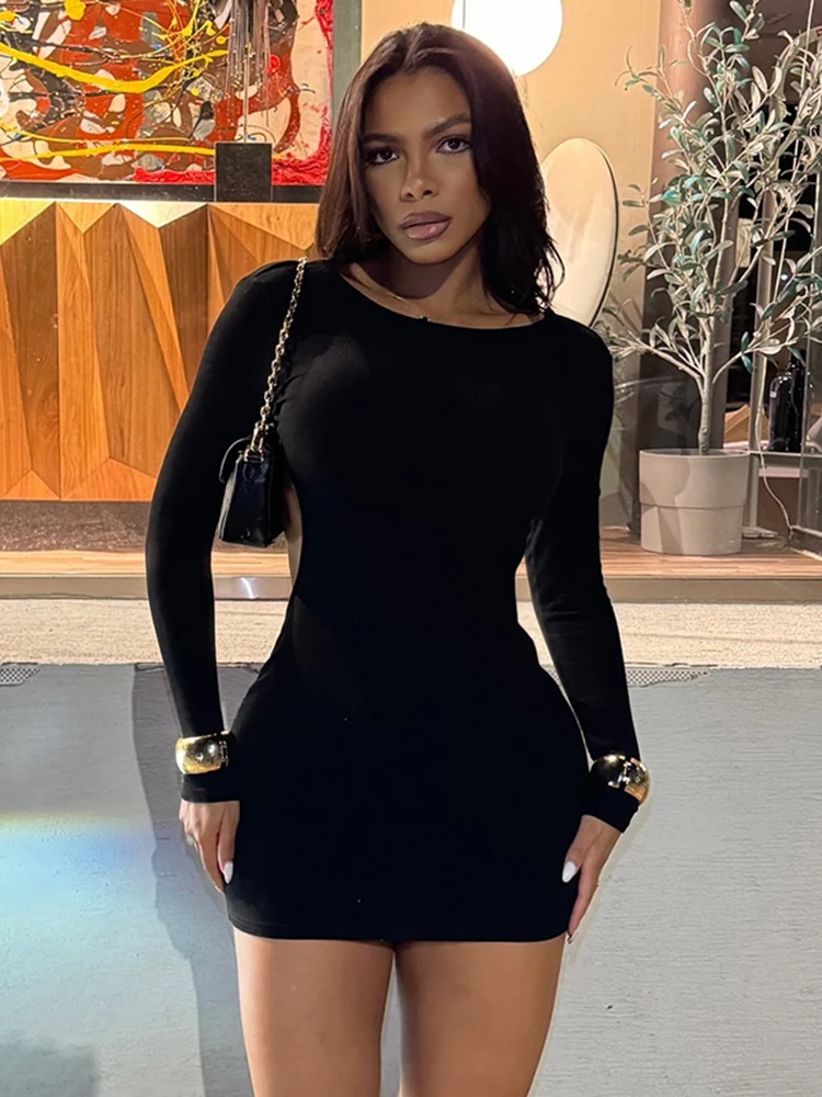 Sisterlinda Concise Solid Mini Dress Spring Classic Full Sleeve Backless Body-shaping Vestidos Female Party Clubwear Trend New