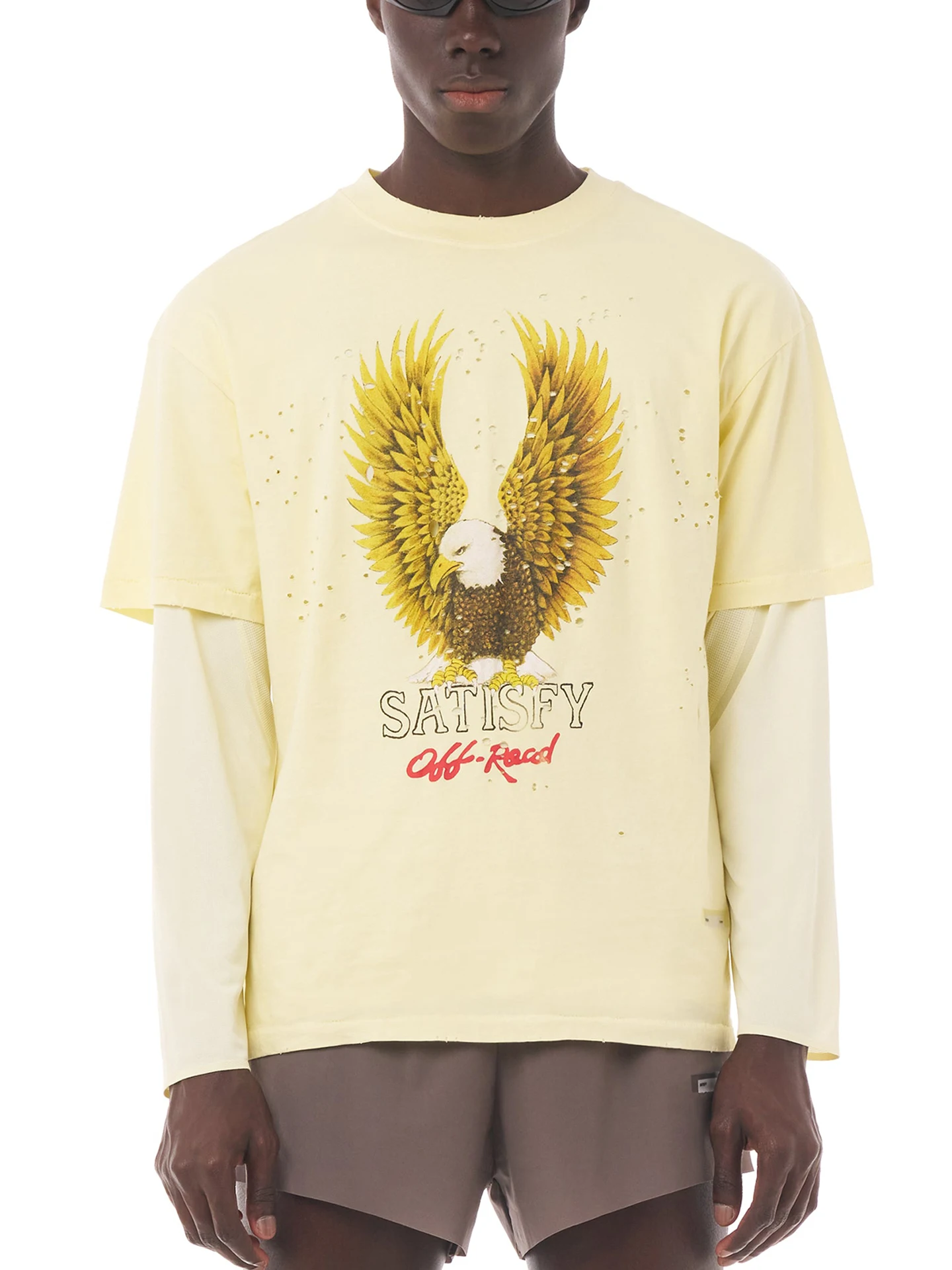 MothTech Eagle T-Shirt Vintage Worn Hole Pure Cotton Short Sleeve Off-Road Sporty Style round Neck Casual Men's T-Shirt