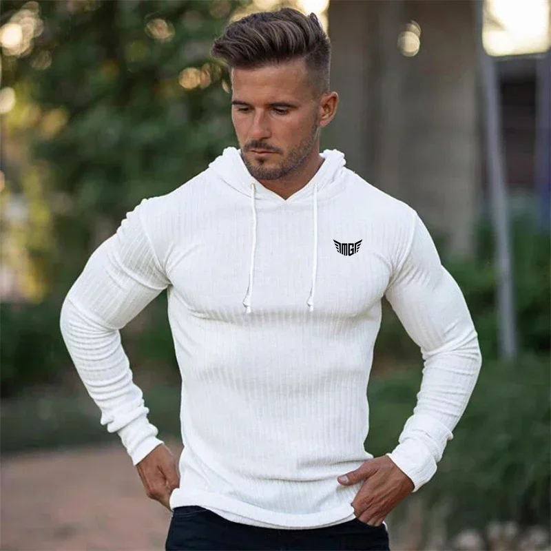 

Autuman Hooded T-shirt Men Pit Stripe Slim Fit Thin Sweaters Mens Long Sleeve Pullovers Knittwear Men Casual Elasticity knitting