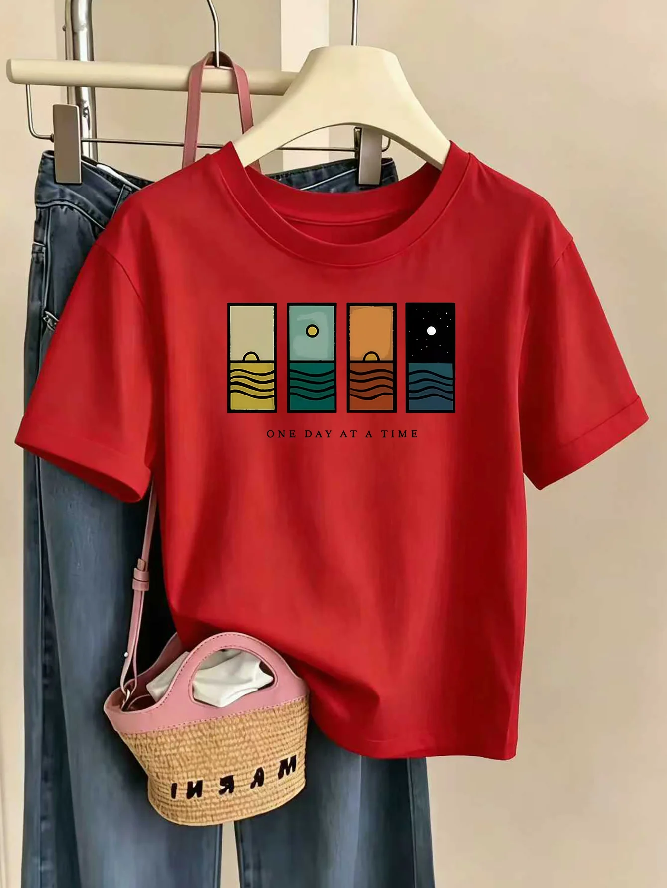 Boys Girls Kids Family Matching Tee Abstract Sea Sunset One Day At A Time Print Short Sleeve Soft Summer Parent Child Casual Top
