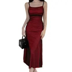 Wine red tight fitting long dress with elastic suspender Double layer thin gauze dress paired with a buttocks wrapped dress