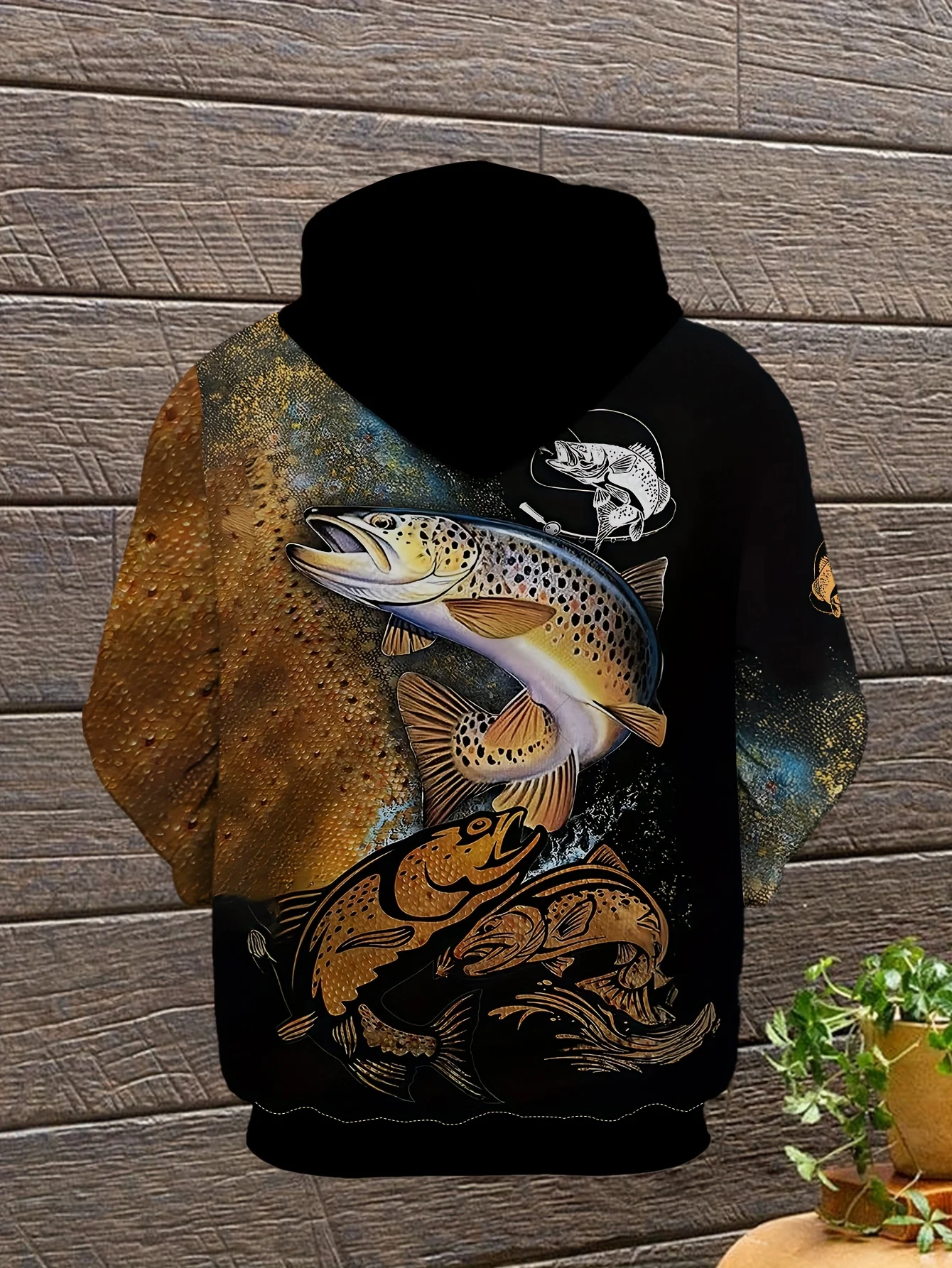 Sweat à capuche décontracté imprimé tête de poisson 3D pour hommes |   Sweat-shirt avec détail zippé, adapté au printemps/automne, coupe régulière, légèrement extensible