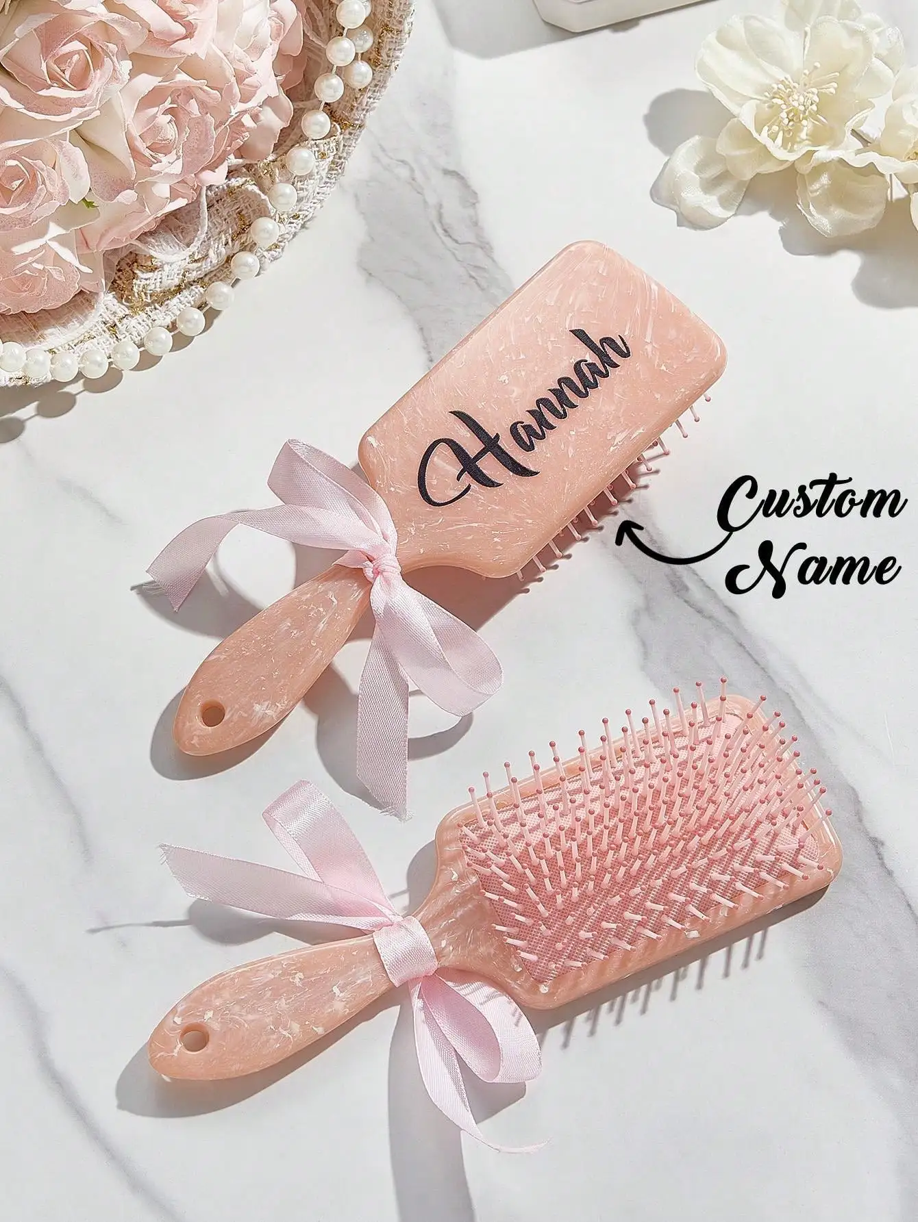 Custom Name Hairbrush Personalized Engraved Detangling Air Cushion Comb Bridesmaid Birthday Gift for Women Girls Pink