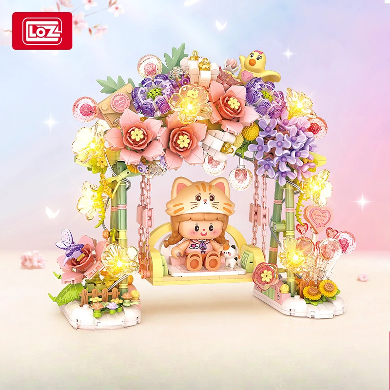 Spot LOZ Mini Small Particle Building Blocks Girl Flower Swing Building Blocks Assembly Movable Pendant Model Anime Collection