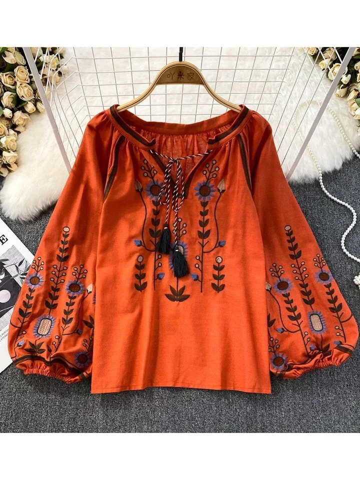 Ameri 新品♡ INDIA PRINT TURN OVER BLOUSE Woven Pop-Over Side V-Neck Elbow Sleeve Top - Floral Multi