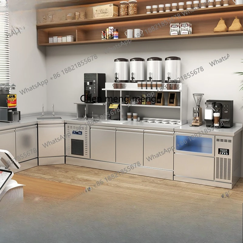 

Water Bar Commercial Milk Tea Operator Stainless Steel Workbench Full Set Milk Tea Shop Refrigerated Display Cabinet