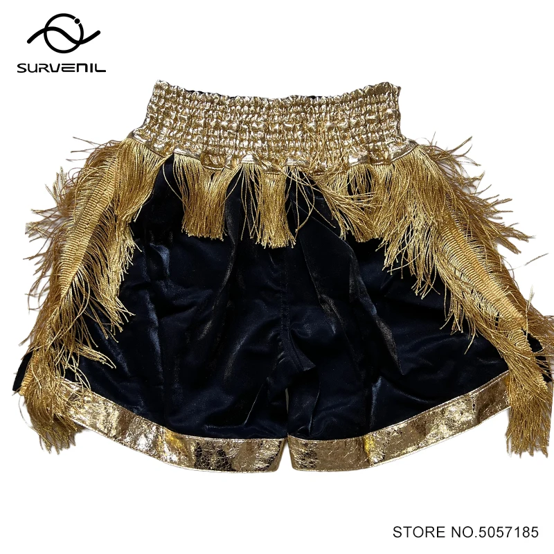 

Kickboxing Shorts Gold Thai Boxing Shorts Tassels Muay Thai Shorts Men Women Children English Boxing Shorts MMA Grappling Trunks