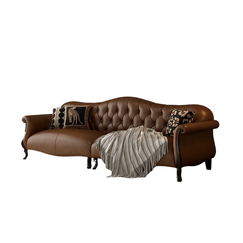 

American solid wood leather sofa first layer cowhide small apartment living room bene furniture retro