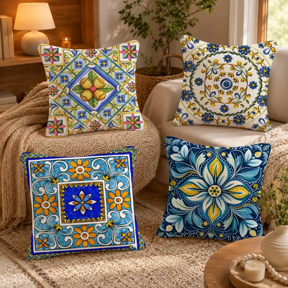 European Painted Tile Pattern Gift For Vintage Home Cushion Cover Skin-Soft Pillow Cover Festive Home Accent Sofa Bed
