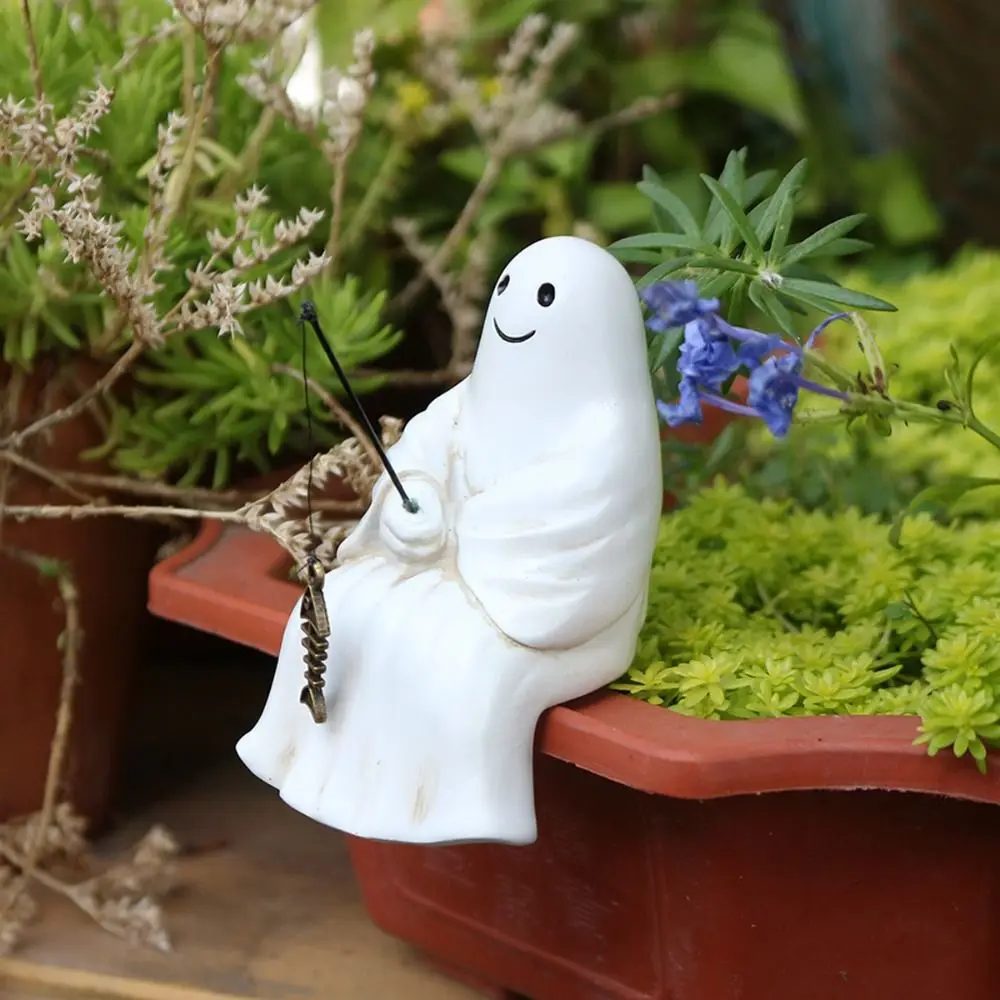 

Garden Decor Resin Sitting Ghost Fishing Statue Cartoon Cute Ghost Fisher Sculpture Waterproof Halloween Ghost Figurines Balcony