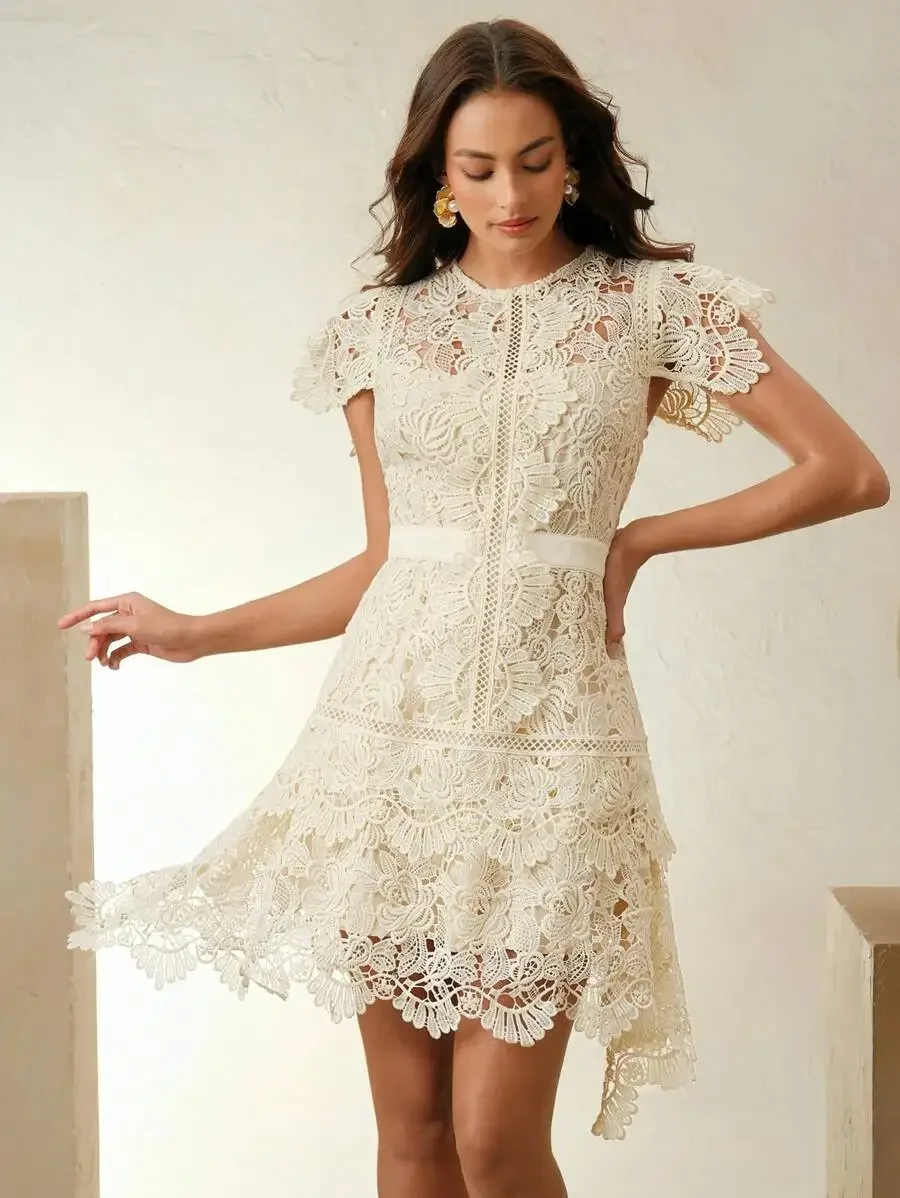 

Elegant Lace Floral Round Neck Short Sleeve Dress For Summer Vacation Festival
