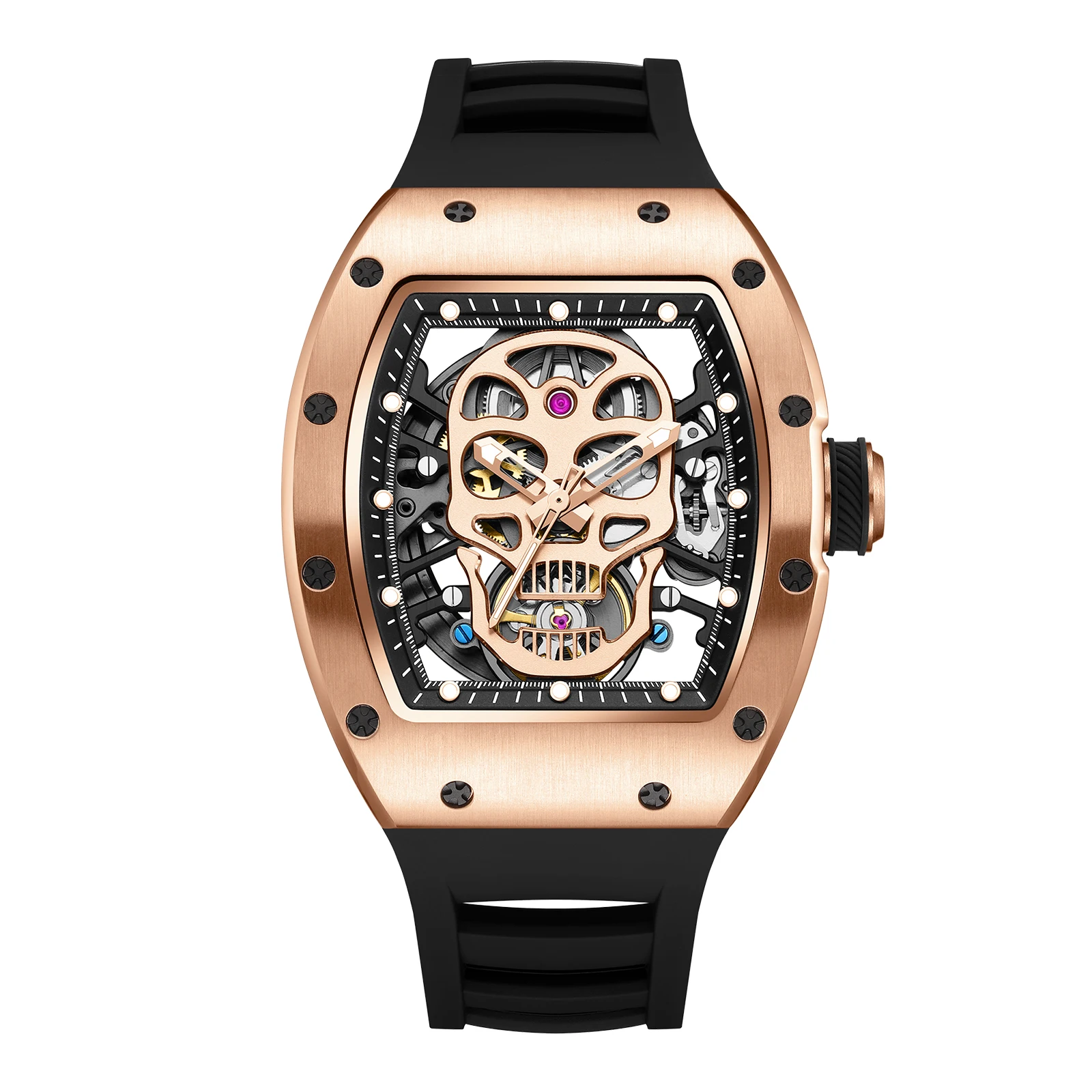 

Men Wristwatch Fashion Black Waterproof Automatic Mechanical Watch with Luminous Hands Silicone Strap Tonneau Skeleton Dial