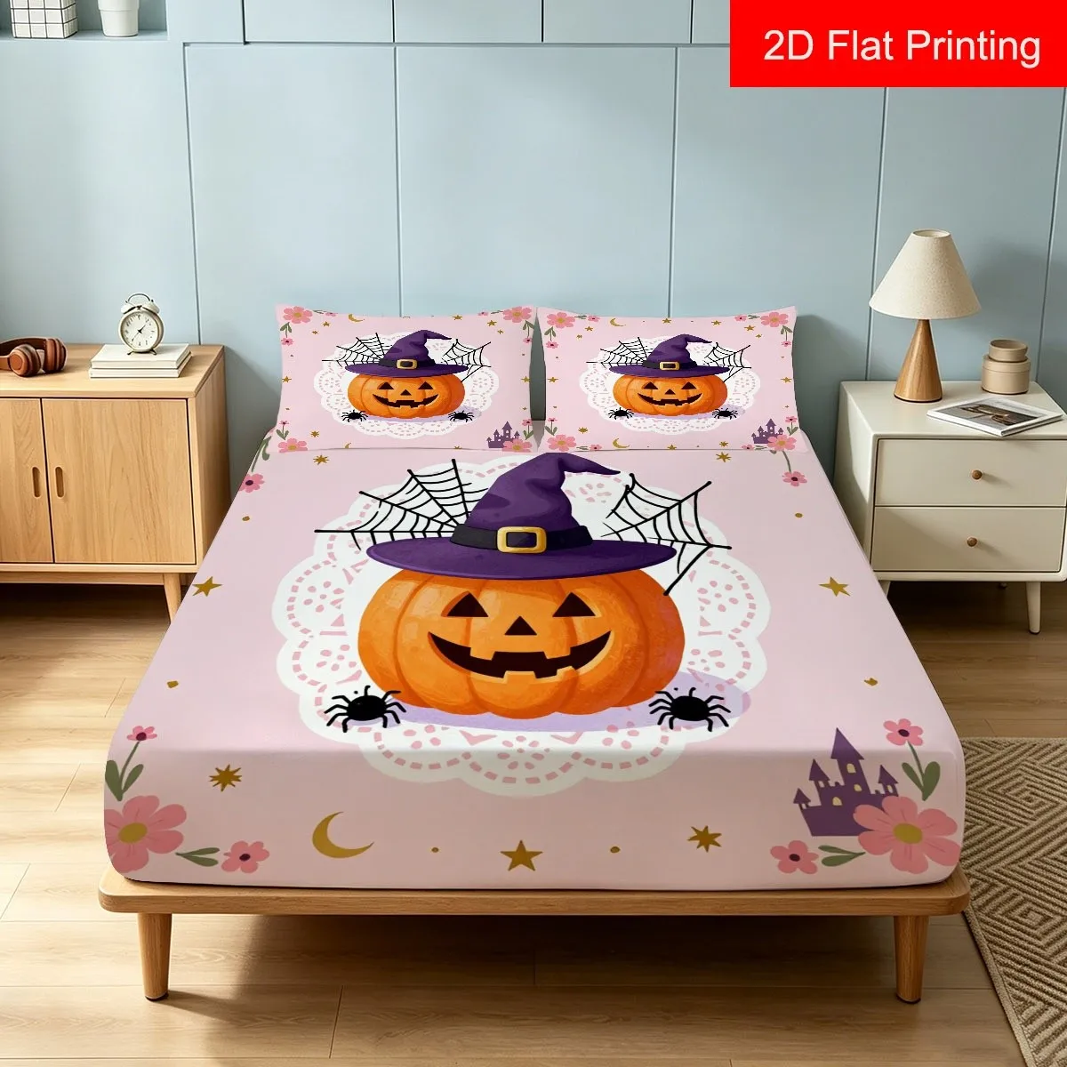 Fun Halloween Pumpkin Party Mattress Protector with Pillowcase, Playful Orange Pumpkin Lantern and Witch Hat Design 2D Flat Printing, Mattress Protector, Elastic Fitted Sheet Cover, King/Twin/Queen Size for Master Bedroom and Guest Room Decoration, Dustproof and Stain-Resistant, High Elasticity, Fits Various Sizes
