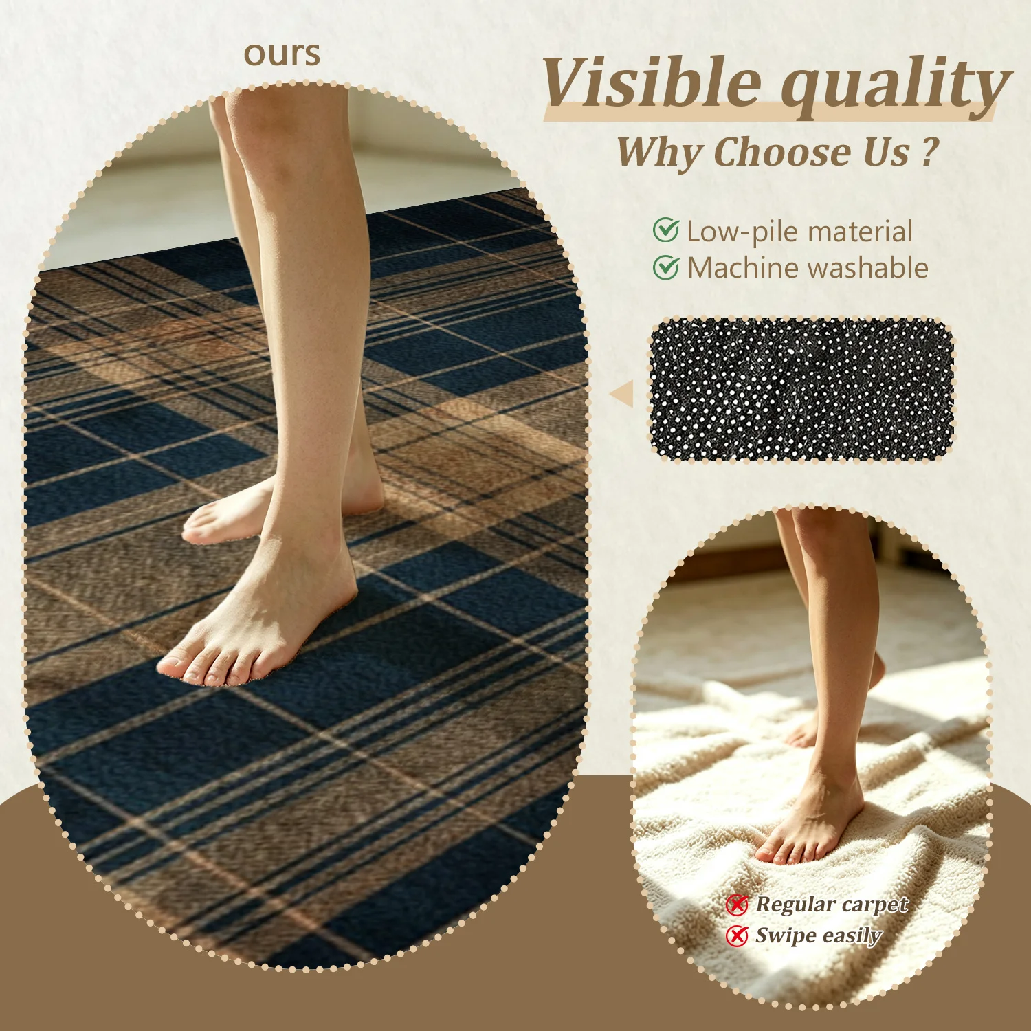 Large Indoor Area Rug, Soft Velvet Low Pile Non-slip Dotted Backing, Machine Washable Vintage Plaid Floor Rug for Living Room, Bedroom, Entryway – Navy & Tan Checkered Decor Rug - view 7