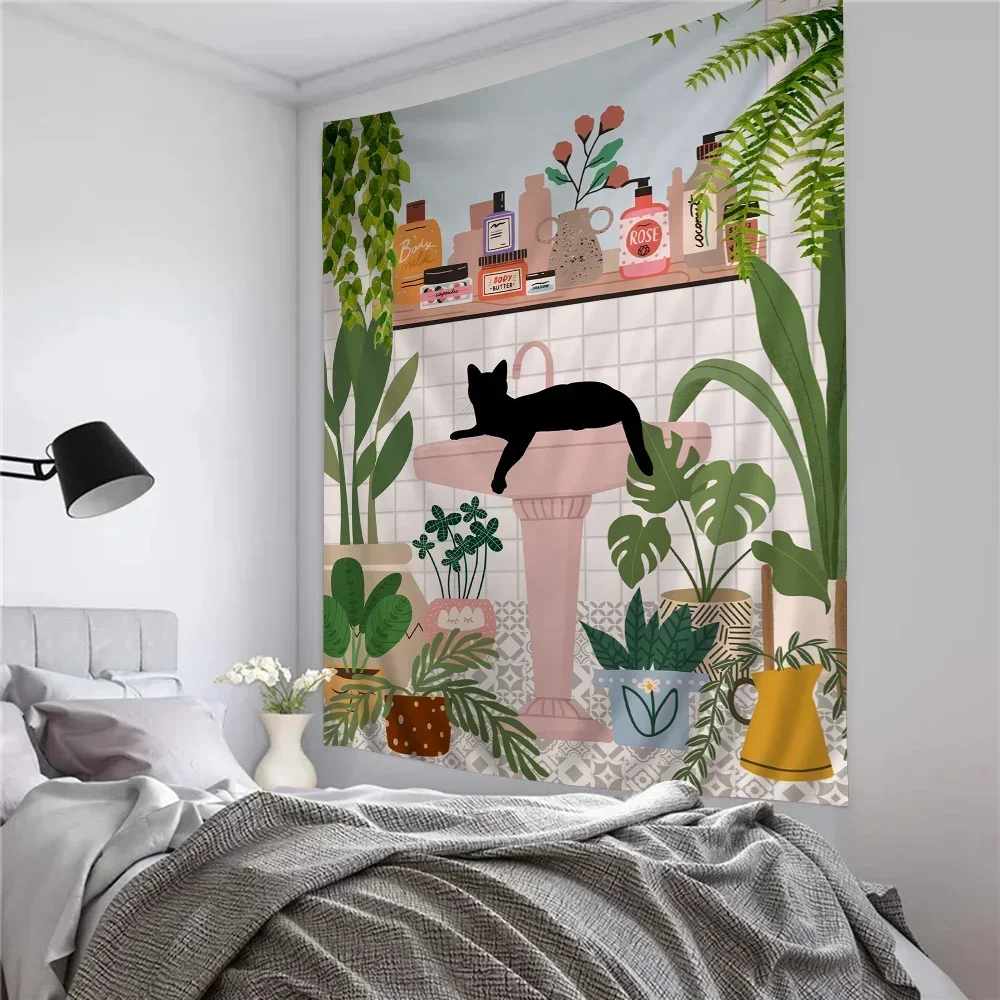 

Abstract Green Plants Black Cat Colorful Tapestry Wall Hanging Bohemian Wall Tapestries Mandala Wall Art Decor