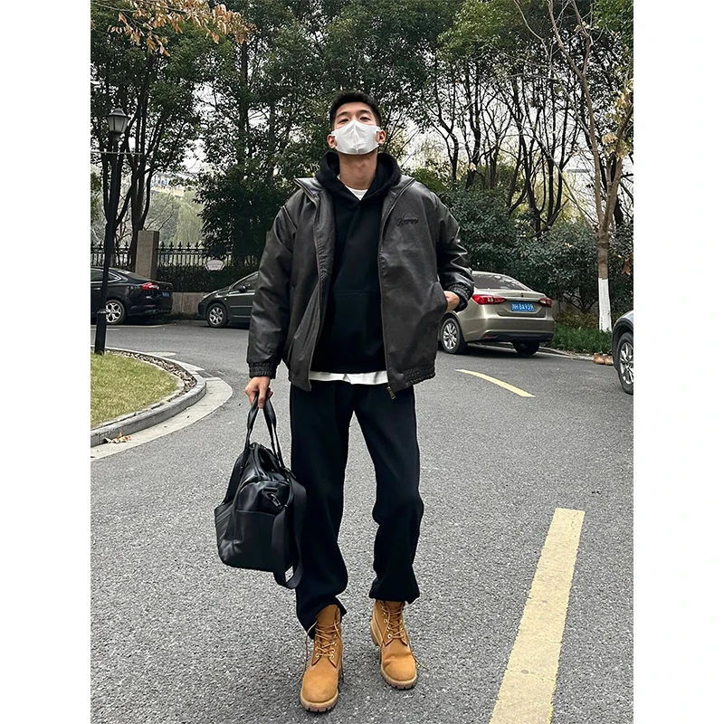 

American High Street Fce Lined Denim Jeans Men's Autumn Winter Sle with Boots Straight Leg Slim Fit Jeans