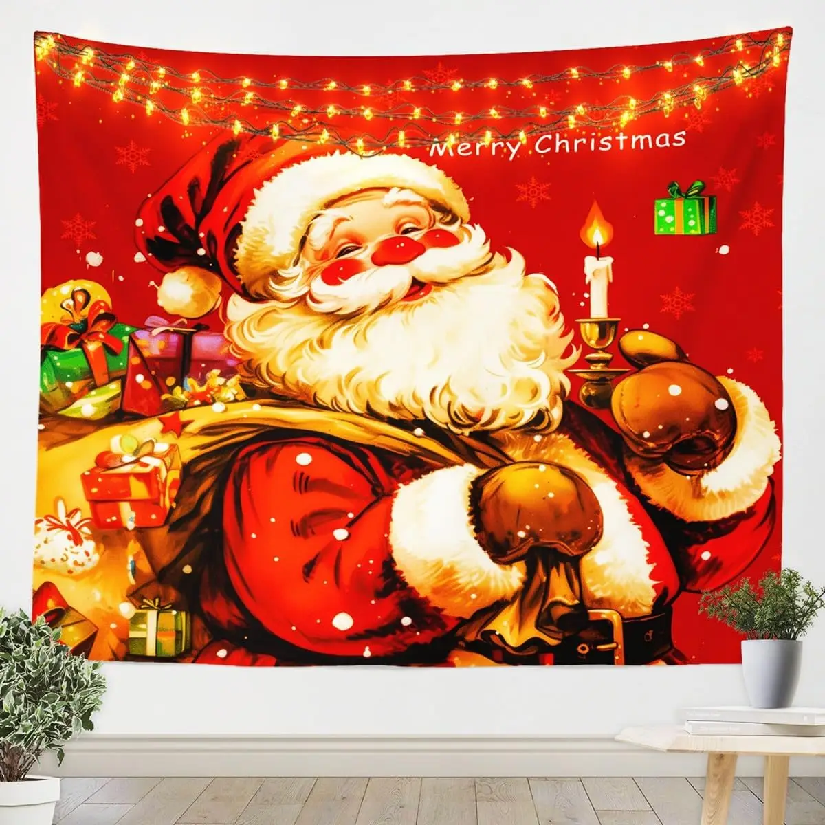 Christmas Wall Hanging Medium Santa Claus Tapestry for Kids Boys Girls Holiday Gift Wall Blanket Snowflake Wall Art Purplish Red