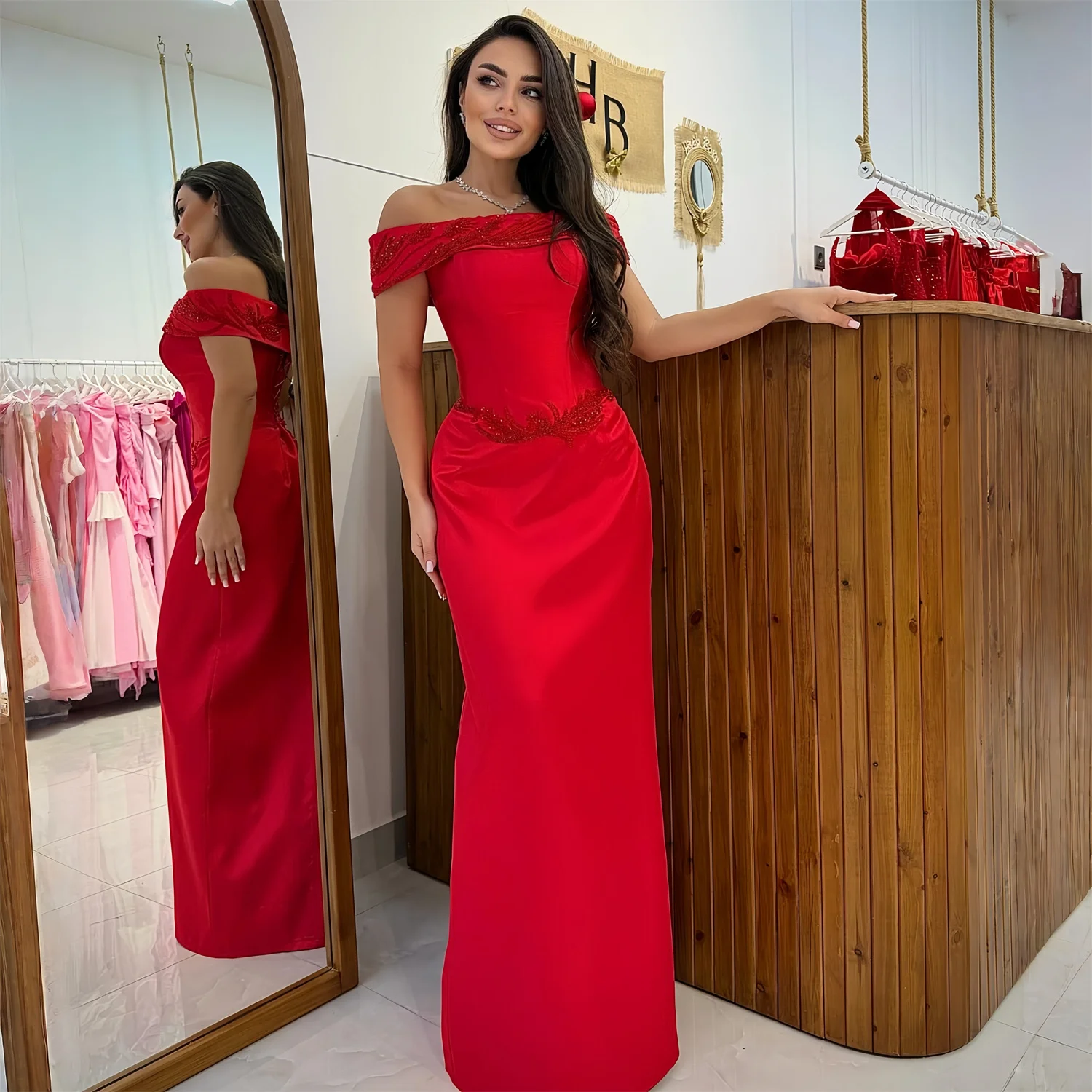 

EDECPBM Beading Evening Dress Women Sexy American Style Red Satin Formal Events Party Customized New Collection Latest Luxury
