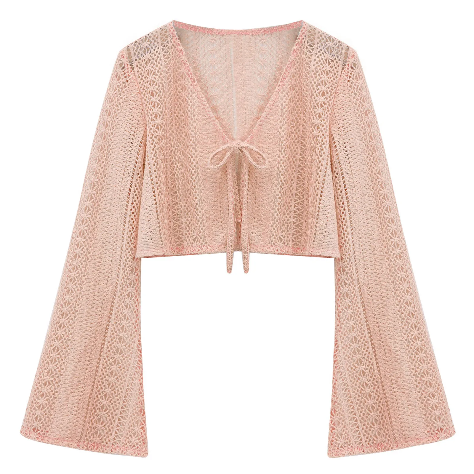 

Kids Girls Hollow Out Crochet Cardigan T-shirt Long Flared Sleeves Tie Front Crop Top Bolero Cover Up Children's Clothing 2025