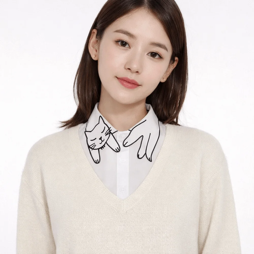 

Элегантный съемный воротник-имитация с мультяшным котом, тонкий хлопковый топ-базовый слой, белый, с коротким рукавом, универсальный