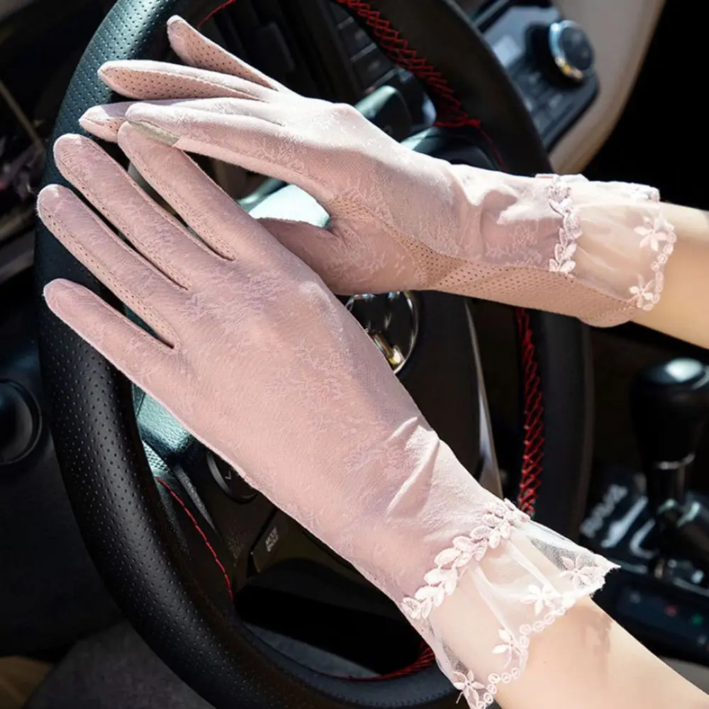 Women\'s Summer Lace Floral Outdoor Touch Screen Finger Gloves Breathable Ladies Ice Silk Lace Sunscreen Non-slip Driving Gloves