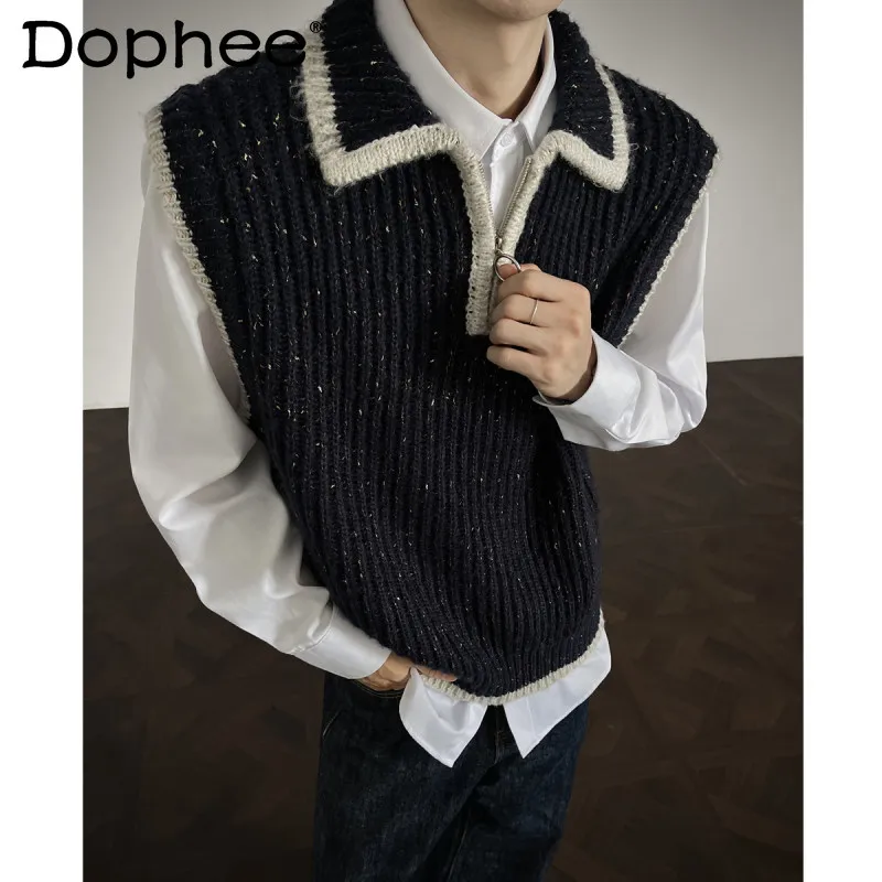 

Мужской свитер на молнии в американском стиле, осень-зима 2021, жилетки в стиле ретро, мужской модный топ без рукавов контрастного цвета, жилет