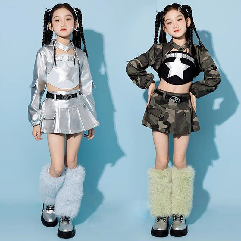 

Children Jazz Dance Clothing Kpop Girls Costume Camouflage Dance Suit Silver Tops Skirt Fashion Jazz Kpop Stage Outfit
