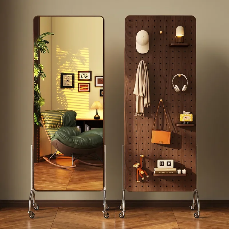 For Solid Wood Full Body Mirror Movable Medieval Style Household Hole Plate Full Length Mirror Rack Integrated Floor Fitting