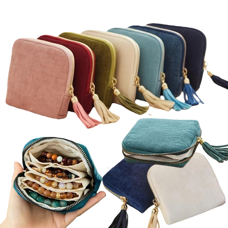 Exquisite Jewelry Storage Bag With Tassel Pendant Ring Zipper Jewelry Bag Large Capacity Travel Crystal Bracelet Storage Pouch