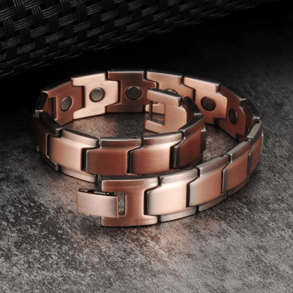 Pure Copper Magnetic Bracelet Arthritis 12MM Chain Link Benefits Energy Magnetic Bracelet Copper Metal Hologram Bracelet Male