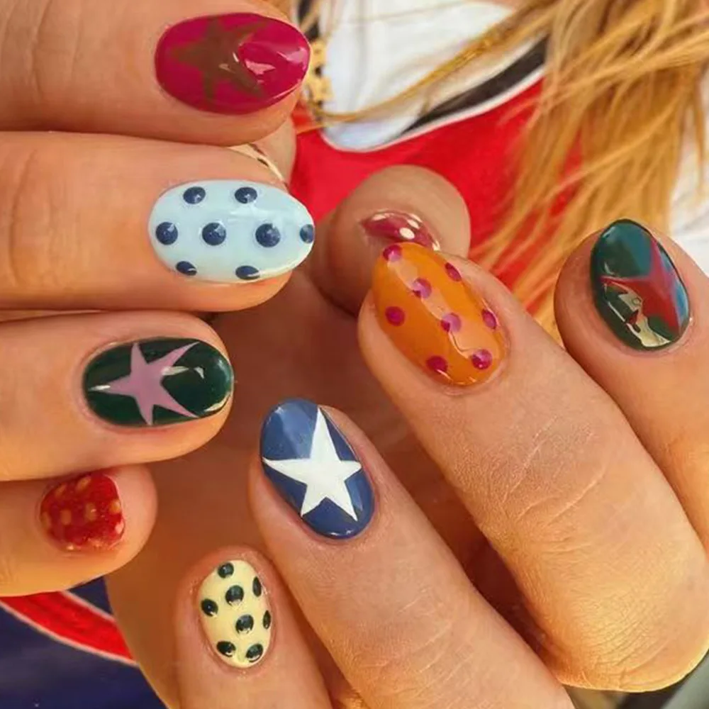 

Short Press on Nails Star Bow Polka Dot Printed Fake Nails For Women Wearable False Nails Spring Summer Short Oval Fake Nail