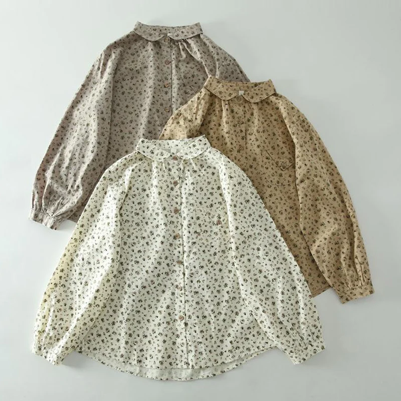 

Spring Autumn Peter Pan Collar Single Breasted Flower Print Cotton Tops Women Clothing Female Long Sleeved Shirts & Blouses U033