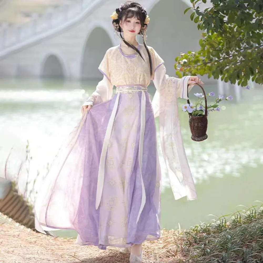 

‌ Оригинальный комплект Tang Hanfu - женский комплект Beizi с круглым воротником + длинная юбка с высокой талией, комплект из трех предметов в традиционном китайском стиле Hanfu