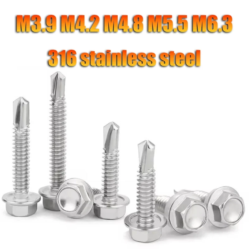 

M3.9 M4.2 M4.8 M5.5 M6.3 Hex Washer Head Self Drilling TEK Screws 316 Stainless Steel Self Tapping Screws for Metal Fixing