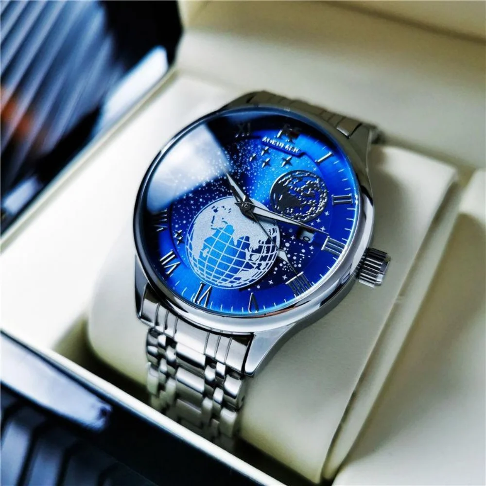 European and American Style High-End Business Men's Mechanical Watch, Round Dial, Hollow Design, Stainless Steel Strap, with Calendar Display, Fashionable Accessory, Suitable for Casual Wear and Outdoor Activities