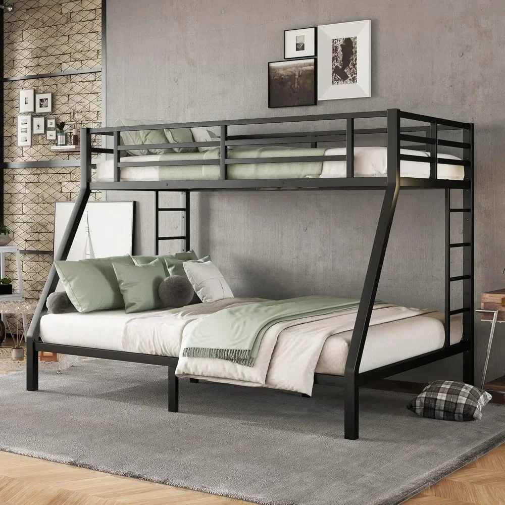 Metal Twin XL Over Queen Bunk Bed, Heavy Duty Twin XL Bunk Bed with 2 Safety Side Ladder and Full Length High Guardrail